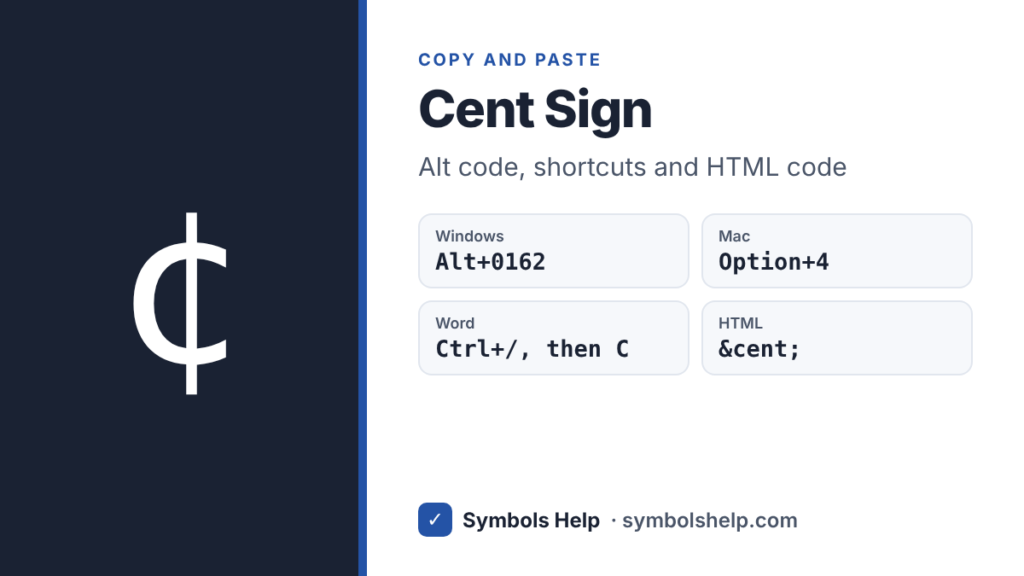 Cent sign with Alt code 0162, Mac shortcut Option+4, Word shortcut Ctrl+/ then C and HTML code ¢