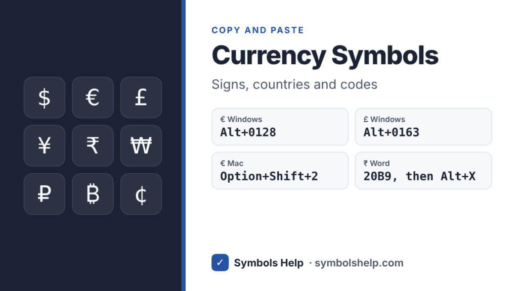 Currency symbols dollar, euro, pound, yen, rupee, won, ruble and bitcoin with Alt codes, Mac shortcut and Word code