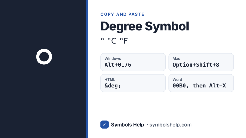 Degree symbol ° with Alt code 0176, Mac shortcut and HTML code