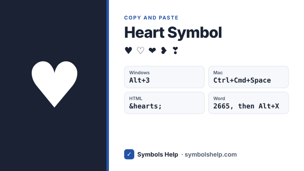 Heart symbol ♥ with Alt code 3, Mac shortcut, HTML code and Word code