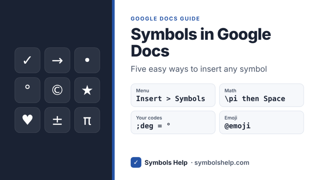How to insert symbols in Google Docs with Insert > Symbols > Special characters, equations, substitutions and emoji