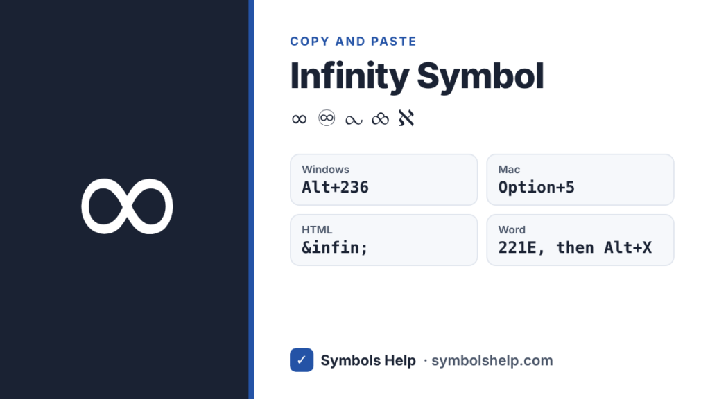 Infinity symbol ∞ with Alt code 236, Mac shortcut Option+5, HTML code and Word code