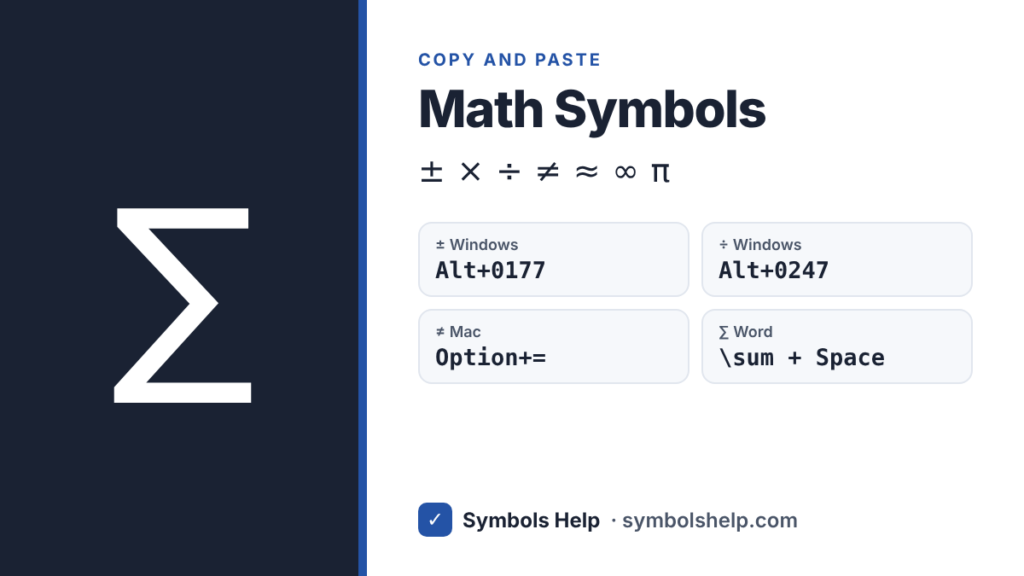 Math symbols ± × ÷ ≠ ≈ ∞ π ∑ with Alt codes, Mac and Word shortcuts