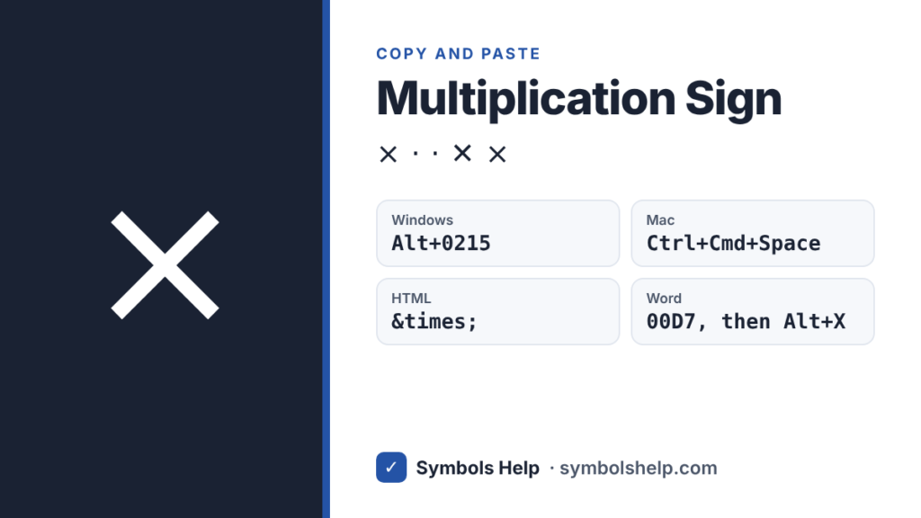 Multiplication sign × with Alt code 0215, Mac shortcut, HTML code and Word code