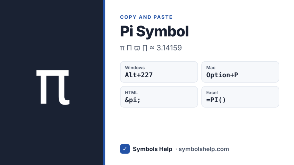 Pi symbol π with Alt code 227, Mac shortcut Option+P, HTML code and the Excel PI function