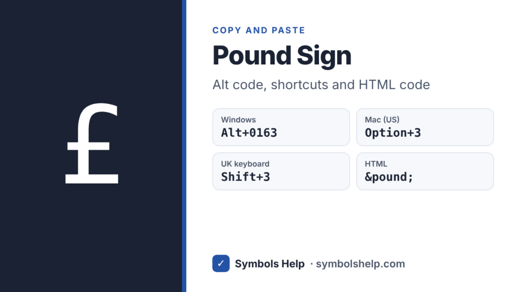 Pound sign with Alt code 0163, Mac shortcut Option+3, UK keyboard Shift+3 and HTML code £