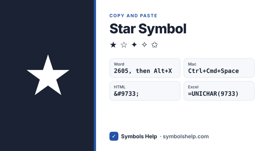 Star symbol ★ and white star ☆ with Word code, Mac shortcut, HTML code and Excel formula