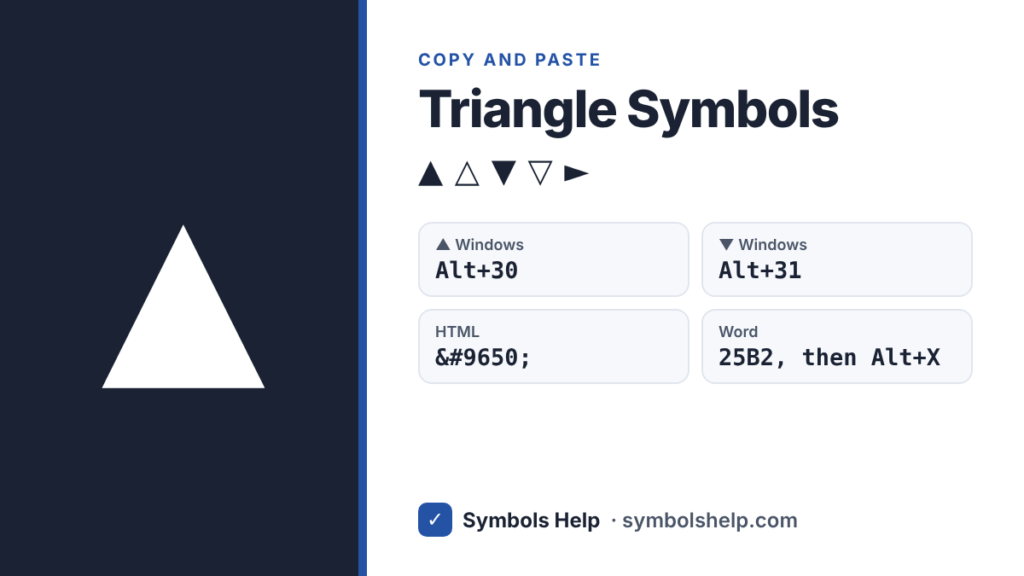Triangle symbols ▲ △ ▼ ▽ with Alt codes 30 and 31, HTML code and Word code